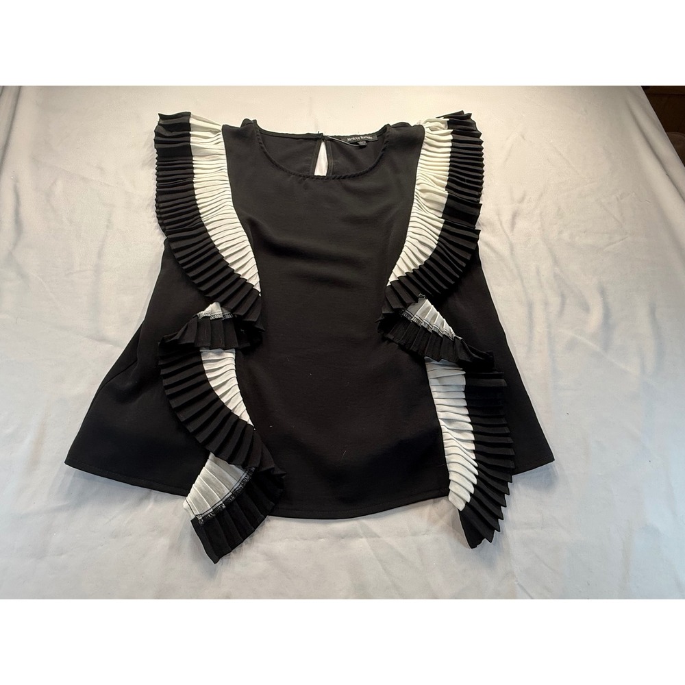 Jealous Tomato Black White Pleated Ruffle Sleeveless Blouse Top Large